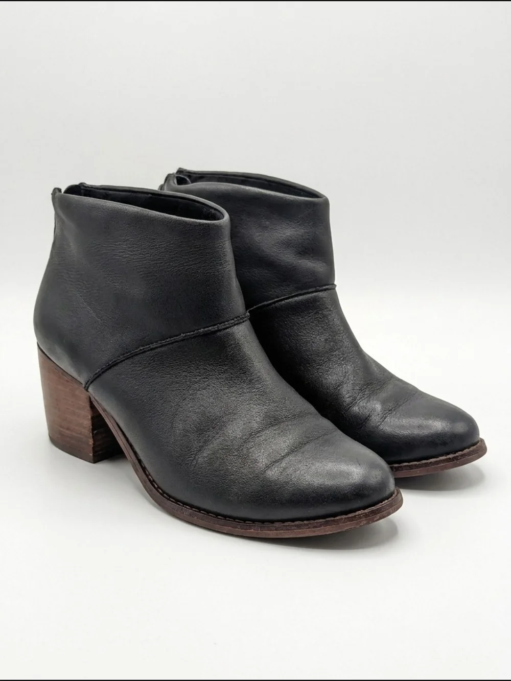 Toms Black Leather Ankle Booties with Brown Block Heel